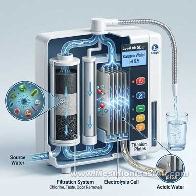 Ilustrasi proses filtrasi dan elektrolisis pada mesin Kangen Water